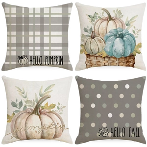 Set of 4 Thanksgiving linen throw pillow covers with pumpkin patterns and hello fall text