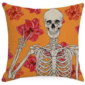 Halloween skeleton peace sign linen throw pillow cover with flowers on orange background