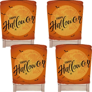 Close-up of Halloween chair covers with Happy Halloween print and bat spider patterns