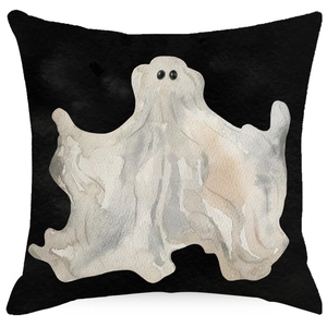 Square black Halloween pillow cover featuring a watercolor white ghost graphic design