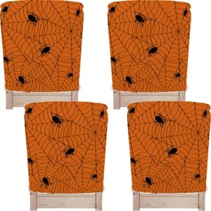 Close-up of Halloween chair covers with spider web patterns on orange elastic fabric