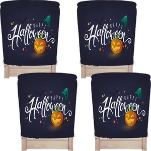 Set of 4 Halloween chair covers with pumpkins, bats, and wizard hats in deep blue fabric
