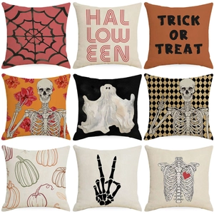 Halloween Throw Pillow Case Linen Cushion Cover Square Spider Web Ghost Skull Pumpkin Print Decorative Sofa Pillowcase