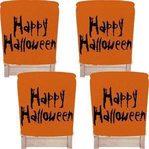 Set of four orange Halloween chair covers with Happy Halloween print on white background