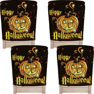 Set of 4 Halloween chair covers featuring black fabric with orange pumpkin face designs