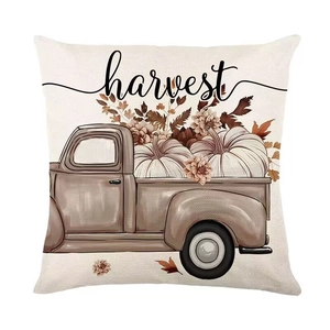 Linen harvest pillow cover with vintage truck, white pumpkins and floral design