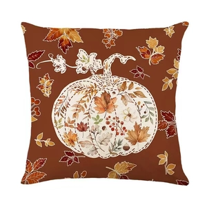 Autumn pumpkin and maple leaf printed linen throw pillow cover for home sofa decor