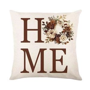 Linen decorative pillow cover with HOME floral wreath print for sofa decor