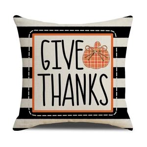 Give Thanks pumpkin pillow cover with black white stripes for Fall home decor