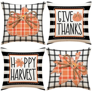 Thanksgiving Pillow Cover Linen Stripe Plaid Pumpkin Maple Leaf Decorative Throw Pillowcase For Autumn Harvest Home Decor