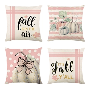 Set of four linen fall throw pillow covers with pink pumpkins and autumn quotes for home decor