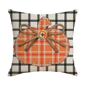 Plaid pumpkin decorative pillow cover with wooden button and bow for autumn decor