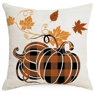 Fall harvest linen pillow cover featuring plaid pumpkins and orange maple leaves