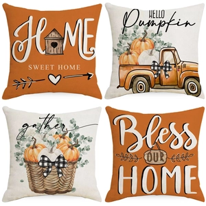 Set of 4 Thanksgiving linen pillow covers with pumpkin designs and autumn truck theme