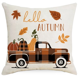 Autumn harvest pumpkin pillow case with vintage truck design and Hello Autumn text