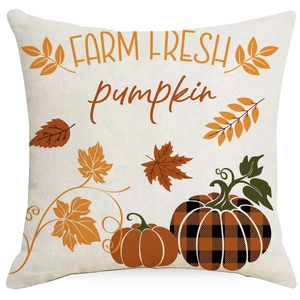 Linen autumn pillow cover with checkered pumpkin and Farm Fresh harvest print