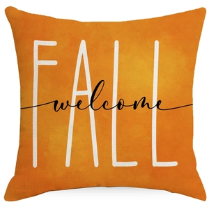 Orange autumn pumpkin pillow cover featuring FALL welcome text print on fabric