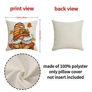 Detail view of 18x18 inch gnome pumpkin pillowcase with fabric texture and size specs