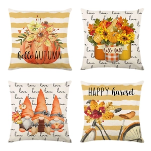 Detailed macro view of 4-piece autumn linen pillow covers featuring gnomes and pumpkins