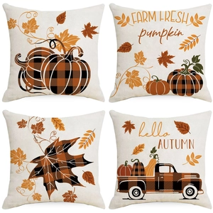 Autumn Harvest Pumpkin Maple Leaf Linen Pillowcase Buffalo Plaid Truck Decorative Cushion Cover For Couch Home Decor Thanksgiving