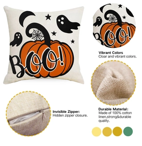 Detail des Halloween-Kissenbezugs mit Baumwoll-Leinen-Textur und verdecktem Reißverschluss