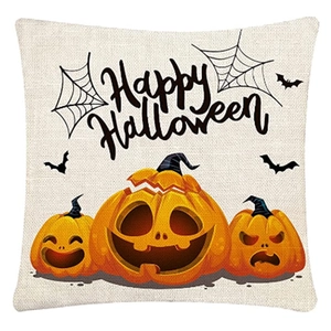 Linen Halloween pillow case with orange pumpkins, bats, and Happy Halloween text