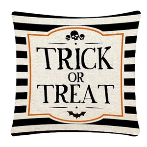 Halloween Trick or Treat pillow case with black white stripes and orange graphics