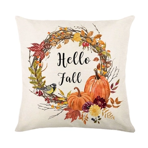 Linen Thanksgiving pillow cover with Hello Fall pumpkin and sparrow watercolor design