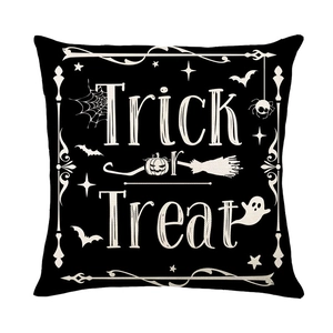 Halloween Trick or Treat throw pillow cover in black linen with ghost and bat prints