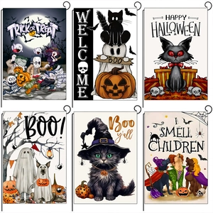 6er-Set Halloween-Gartenflaggen aus Leinen mit Kürbissen, Geistern und Katzenmotiven