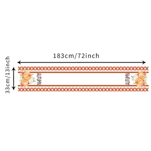 Linen autumn table runner featuring pumpkins, maple leaves and Autumn text 72x13 inch