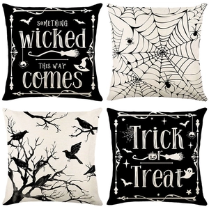 Halloween Linen Pillowcase Black White Spider Web Crow Trick or Treat Decorative Cushion Cover For Sofa Living Room Decor