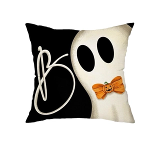 Halloween throw pillow cover with cute ghost, pumpkin bow and letter B on linen fabric