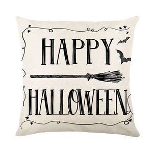 Linen Halloween pillow case with Happy Halloween slogan, broom and bat graphics