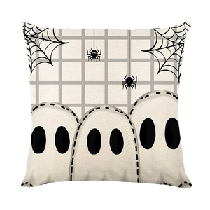 Halloween ghost and spider linen throw pillow cover with minimalist grid pattern