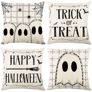 Halloween Linen Throw Pillow Cover Ghost Spider Web Trick Or Treat Pattern Square Cushion Case Home Sofa Decor