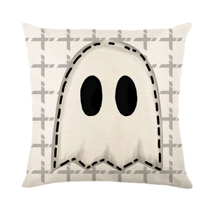 Halloween linen throw pillow cover featuring white ghost pattern on grey grid background