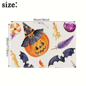 Detailed size chart showing dimensions 45x30cm for Halloween pumpkin placemat