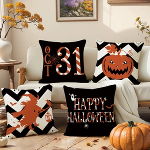 Cozy living room set with four linen Halloween pillows featuring pumpkin and witch prints