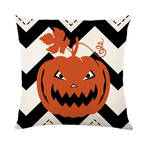 Halloween pumpkin pillowcase with black chevron pattern on textured linen fabric