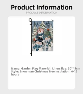 Detailed view of linen Christmas garden flag featuring snowman and tree motifs with metal pole