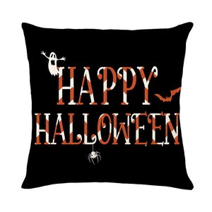 Square Halloween pillow cover with Happy Halloween text, ghost and bat motifs on black fabric