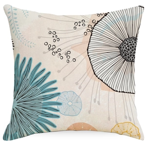 Modern abstract geometric cushion cover with blue dandelion and linear flower patterns