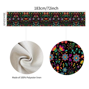 Detail of 183x33cm polyester linen table runner with colorful Mexican floral patterns