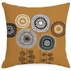 Close-up of mustard yellow linen pillowcase featuring Nordic abstract floral pattern texture