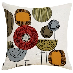 Square abstract geometric floral pillow cover with retro art design on linen fabric