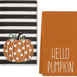 Set di due asciugamani per il Ringraziamento con stampa zucca e scritta Hello Pumpkin