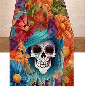 Day of the Dead table runner with colorful skull and floral patterns for Halloween