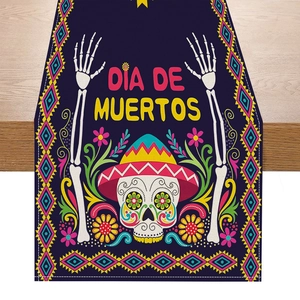 Dia de Muertos table runner with sugar skulls and flowers on rustic wood background