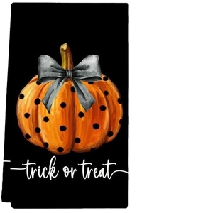 Asciugamano Halloween con zucca a pois arancioni e scritta Trick or Treat su nero